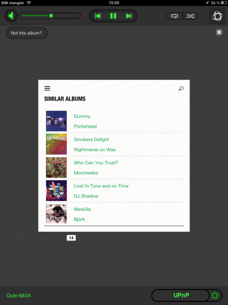 Naims styrings-app findes til både iPhone og iPad, men foreløbig ikke til Android. Spillelister kan laves direkte i app’en. Naim har lagt en database med musikinfo for relaterede kunstnere ind, men det er ikke nogen erstatning for Spotify og WiMP.