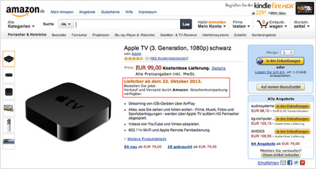 Her et screenshot af Amazon.de fra den 17. oktober, der viser, at Apple TV først bliver tilgængeligt igen den 23. oktober. 