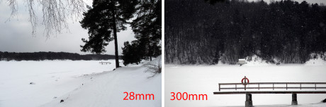 Så stor er forskellen mellem 28 mm vidvinkel og 300 mm tele.