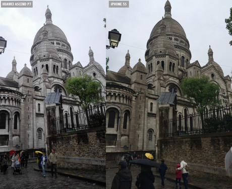 Samme motiv, Sacré-Cæur i Paris, skudt med iPhone 5S (til venstre) og Huawei Ascend P7 (til højre). 