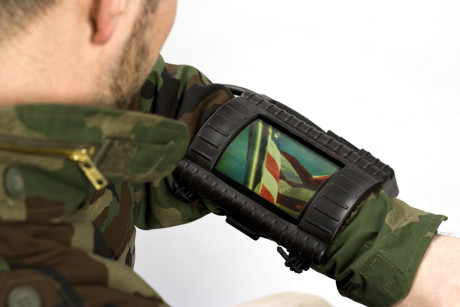 Soldier with wrist-mounted flexible OLED display[2]