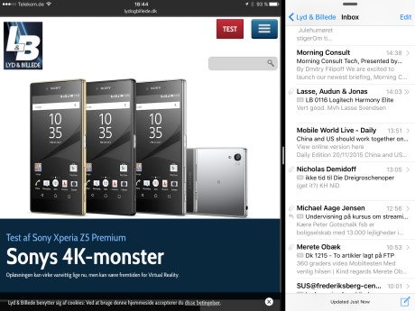 Da både Safari (til venstre) og Mail (til højre i Slide Over-kolonnen) understøtter Split View, kan du se en tyk linie imellem dem. For at aktivere Split View trækker du linien mod midten af skærmen via “håndtaget” i midten.