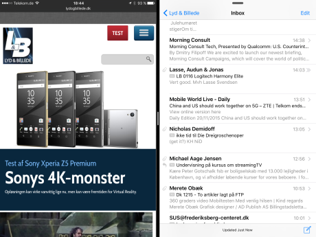 Og sådan ser det ud, når Split View er aktiveret og de to apps er aktive side om side.
